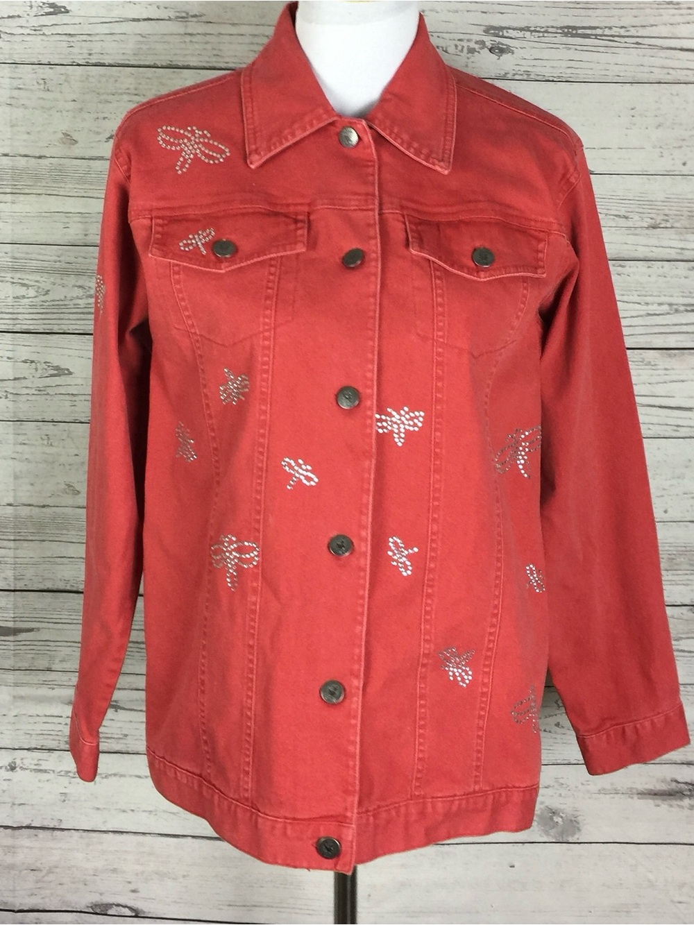 Quacker Factory Women’s Red Embellished Dragonfly Button Front Denim Jacket S